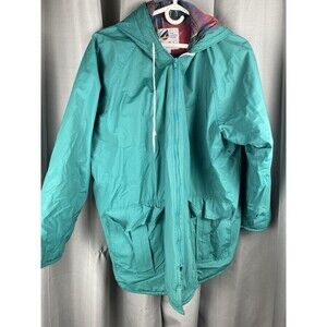 VTG Misty Harbor Any Weather Slicker Womens Sz L Rain Jacket Green &Plaid Lined